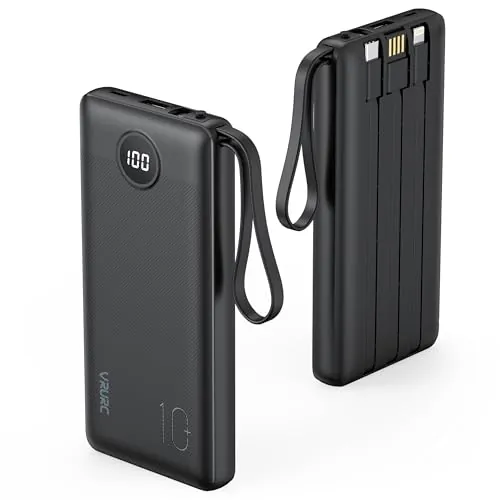 VRURC Power Bank, Slim 10000mAh Bateria Externa con 4 Cables Integrado