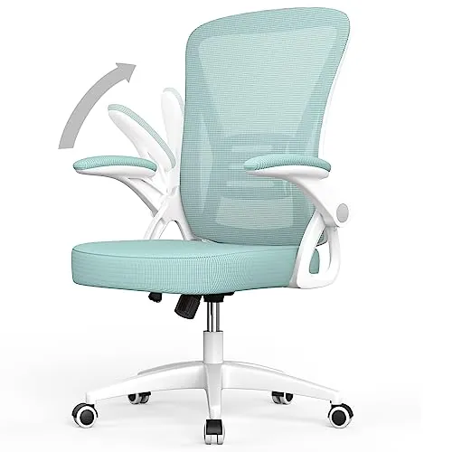 naspaluro Silla de Oficina, de Escritorio Ergonómica, Regulable en Altura, Giratoria para Ordenador con Respaldo Transpirable y Reposabrazos Plegables, Adecuada para la Oficina en Casa, Verde