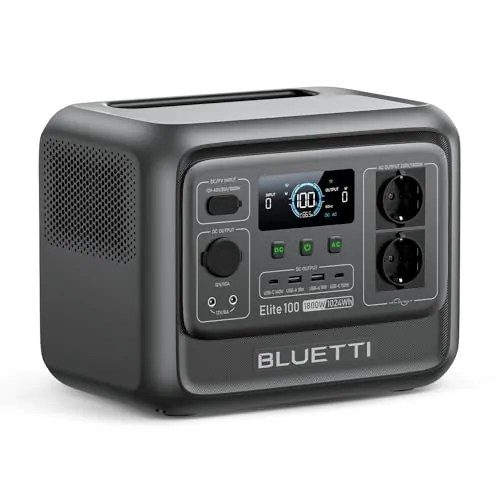 BLUETTI Elite 100 V2 Generador Solar, 1024Wh LFP Batería Respaldo, 2 Tomas CA 1800W (3600W Pico), 35% Más Pequeño, Energía para Acampar, Cortes, UPS Backup (Panel Solar Opcional)
