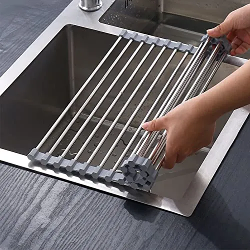 ViWaVee Escurreplatos Plegable y extraíble, escurridor de Platos sobre el Fregadero, Alfombrilla de Goteo, Rejilla de Goteo para Tazas, Frutas, Verduras, Organizador de Cocina (Gris 43 x 35)