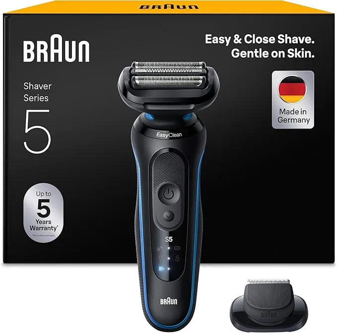 Braun Afeitadora Eléctrica Hombre Series 5, Máquina De Afeitar Barba En Seco Y En Mojado, 2 Modos De Afeitado, 50 Min De Uso, Carga Rápida, Recortadora De Precisión, Estuche De Viaje, 52-B1200SI,Azul