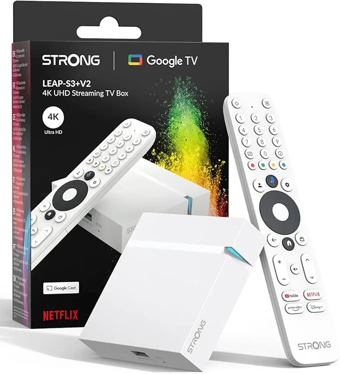 STRONG Leap-S3+V2 Streaming Smart TV Box 4K UHD – 2 GB RAM + 16 GB Memoria, HDR10+ & Dolby Vision/Atmos, WiFi 5 & BLE 5, Puerto Ethernet (RJ45), Asistente de Voz, Blanco