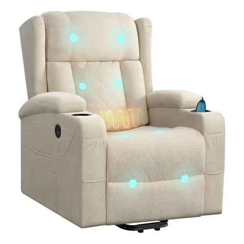 WOLTU Sillón Reclinable Eléctrico, Sillón Relax de Masaje con Ayuda para Levantarse, con Calefacción de Masaje, Reposapiés, Bolsillos, Portavasos, Puerto USB, Tela de Rizo, Beige, SKS61be
