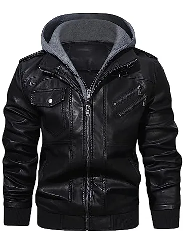 HOOD CREW Chaqueta de cuero de motorista casual para hombre con capucha desmontable, Negro , M