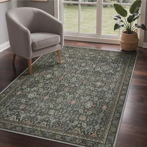 GENIMO Alfombra Persa Rosa para Salón, Alfombras Lavable y Antideslizante, Vintage de Pelo Corto para Dormitorio, Pasillo o Comedor, Decoración Moderna, 120X170CM, Negro