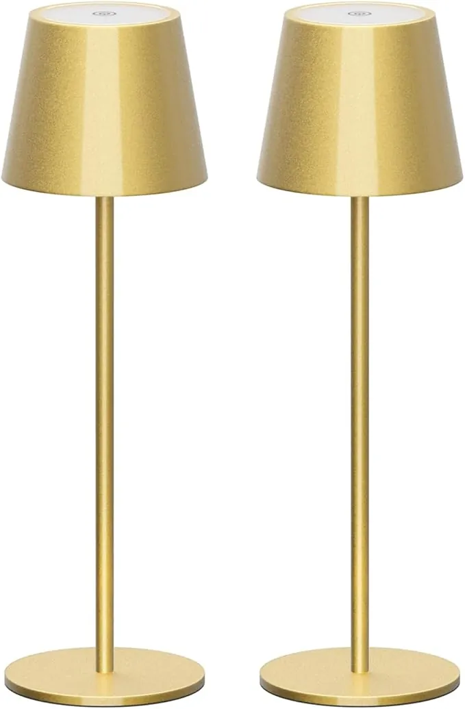Klighten 2 Piezas LED Recargable Lámpara de escritorio Dorado con batería, Regulable Lámpara de mesa con USB-C Carga para Interiores y Exteriore, 3000K de Luz Cálida, Aluminio, Imperméable IP54
