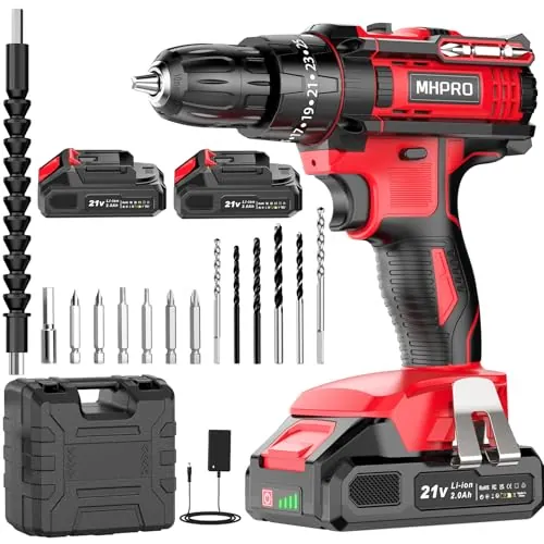 MHPRO Taladro Percutor a Bateria 21V, Taladro Atornillador Bateria con 2 Baterías 2000mAh, 42Nm, 25+3 Ajuste de Par Destornillador Electrico, 30 Accesorios, 2 Velocidad, LED Luz Para Hogar, Bricolaje