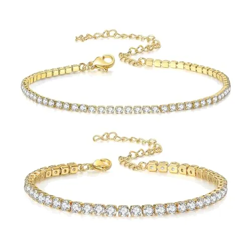 SSKHE 2 pulseras de tenis, tobilleras de circonita para mujer, tobillera ajustable dorada, 22 cm, 100%