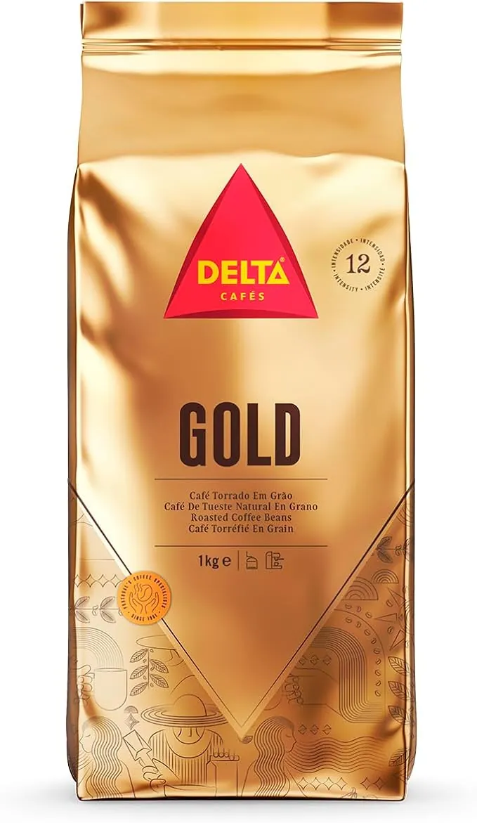 Delta Cafés - Café en Grano Gold - 1 Kg - Intensidad 12 - Mezcla de Granos de Café Tostados Arábica y Robusta - Muy Aromático con Notas de Cereales y Palomitas