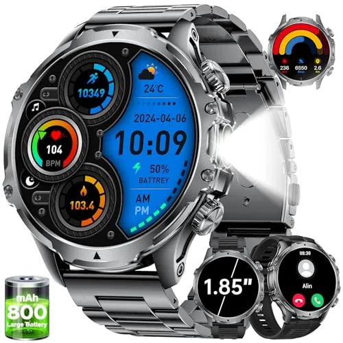LIGE Reloj Inteligente Hombre con 1,85" HD, 800 mAh, Smartwatch Militar con Llamadas/5ATM Impermeable/LED Linterna/110+ Modos Deportivos/SpO2/Pulsómetro/Sueño/Pulsera Actividad Android iOS, FV15-C