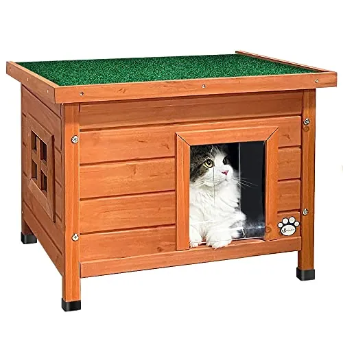 VOUNOT® Casa para Gatos de Madera con Techo Asfáltico, Cabaña Mascotas Caseta Pequeña de Gatos con Ventana y Puerta 57x45x43cm