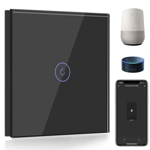 BSEED Interruptor de Pared WiFi,Interruptor Inteligente 1 Gang 1 Vía con Pantalla Táctil Negro,Compatible con Alexa, Google Home, Control de APP y Función de Temporizador【Se necesita Neutro
