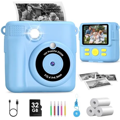 Camara Fotos Infantil Instantanea,GREENKINDER Camara Fotos Infantil,2.4" HD 1080P Cámara Instantánea para Niños con Tarjeta de 32GB,Bolígrafos de Colores y Papel de Impresión,Regalos Juguete