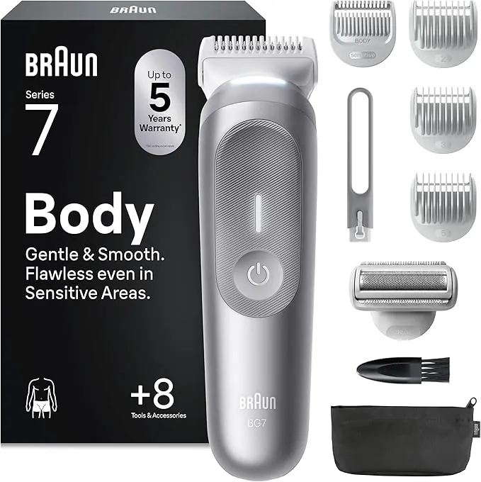 Braun Recortadora Corporal Series 7 BG7555, Afeitadora Corporal Hombre para Pieles Sensibles, +8 Accesorios de Rasurado, 100 Min de Autonomía, Recorta & Afeita, Resistente al Agua, Gris