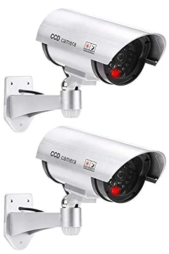 2 cámaras de vigilancia profesionales falsas para exteriores, cámaras dummy con objetivo y LED intermitente para videovigilancia y seguridad de mercancías