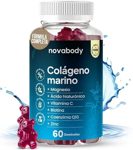 Gominolas Colágeno Marino Hidrolizado, Sin Azúcar, Magnesio, Ácido Hialurónico, Vitaminas C y E, Biotina, Selenio, Coenzima Q10, Zinc 100% Natural Para Piel, Pelo, Articulaciones y Huesos - 60 uds