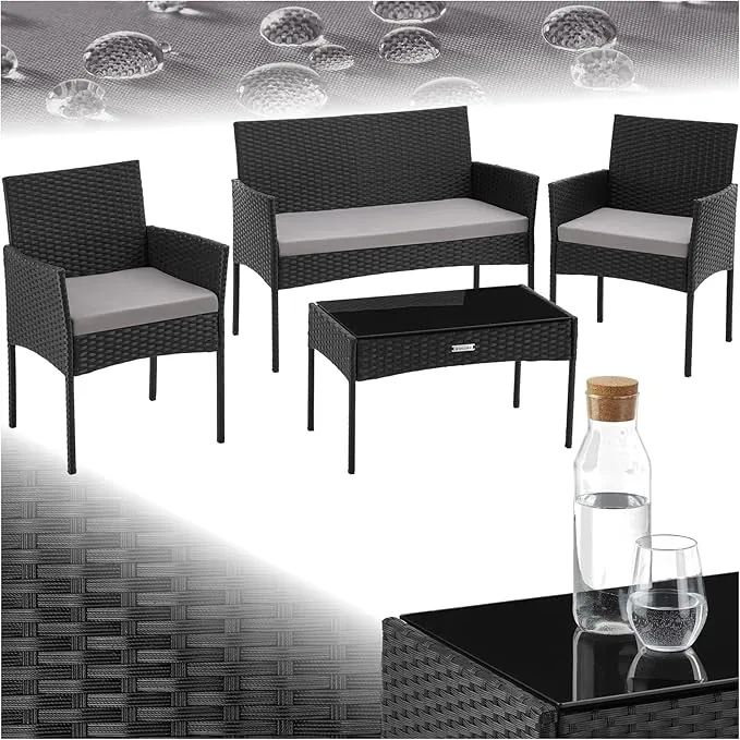 tectake® Conjunto Jardin Exterior de Ratán, Muebles Jardin Exterior para 4 Personas, Muebles Terraza con Mesa de Vidrio, Sofa Exterior y Sillas con Cojines Lavables, Sillon Cómodo - Negro