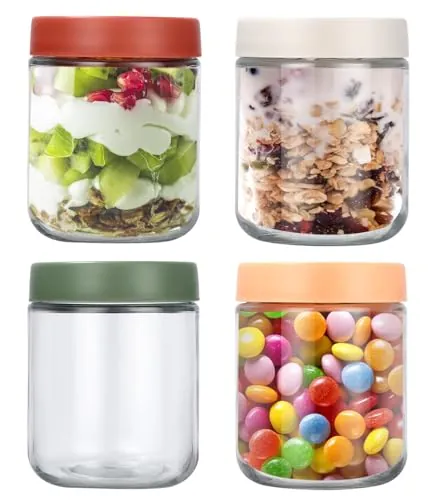 Cotepi 4 Piezas 500 ML Tarros de Avena Durante la Noche,Vasos Yogurtera con Tapa,para Preparación de Comidas Tarros Herméticos (4 Colores)