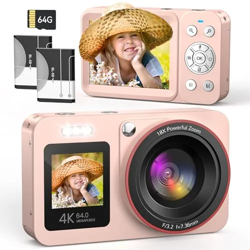 Cámara de Fotos Cámara Digital 4K 64MP, Cámara Digital Zoom 18X, Cámara Compacta con Tarjeta de 64GB y 2 Baterías, Recargable Compacta Portátil Cámara para Niños Principiantes, Rosa