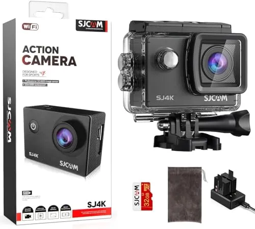 SJCAM SJ4K Cámara Deportiva 4K,40MP Camara de Acción 32G Tarjeta,170°Gran Angular,Estabilización EIS,Cámara Subacuática 30M con 2 Baterías y Accesorios Kit
