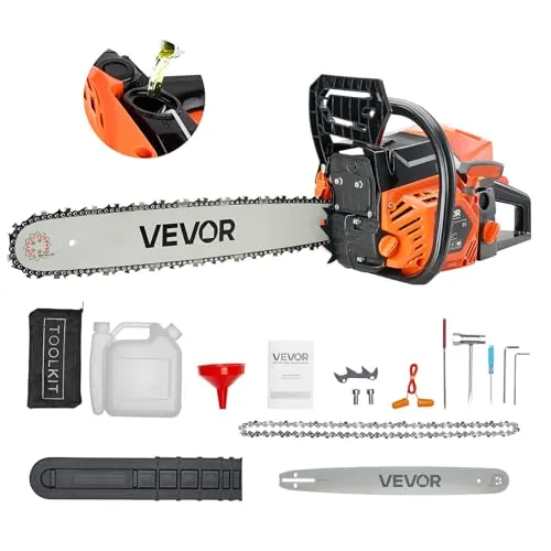 VEVOR Motosierra de Gasolina de 455 mm, Motosierra de Gasolina de 52 cc, 2,4 HP con Mango Antideslizante, Doble Depósito de Combustible, Ideal para Cortar Madera, Podar Árboles y Limpiar Terrenos