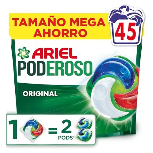 Ariel Pods PODEROSO Detergente lavadora capsulas | 45 Lavados | Original | POD GRANDE = 2 PODS | 2X eliminación de manchas y olores