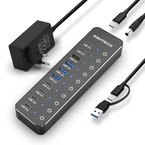 Hub USB Alimentado, RSHTECH 10 Puertos Hub USB 3.2/USB C con 3X 10Gbps Data Port (2C+1A), 7X 5Gbps 3.0 Ports (4C+3A), Alimentación 12V/5A 60W, Interruptores Individuales USB HUB, RSH-ST10C-6