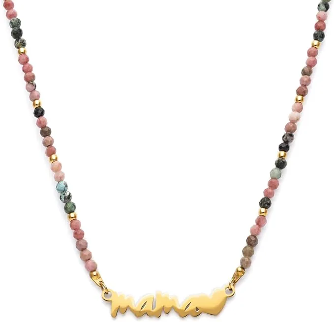 SINGULARU - Collar Mamá Heart Tourmaline. Acero con Baño en Oro de 18 Kt y Piedra Natural. Joyas Para Mujer.