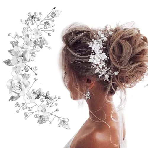 Poraceous Plata Nupcial Tocado, Novia Cristal Boda Pelo Vid, Flores y Perlas Para El Cabello, Tocados de Novia con Flores de Vid, para Boda, Damas Honor, Fiesta, Niñas y Niñas de las Flor (Plata)