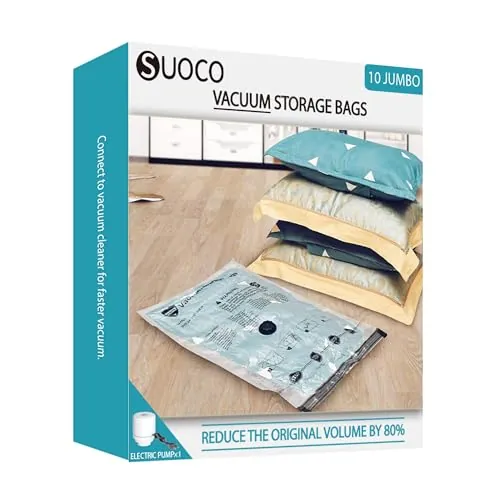 SUOCO bolsas de vacío ropa con bomba eléctrica, 10 XL, bolsas de almacenaje al vacío para ropa de cama, viaje y mudanza
