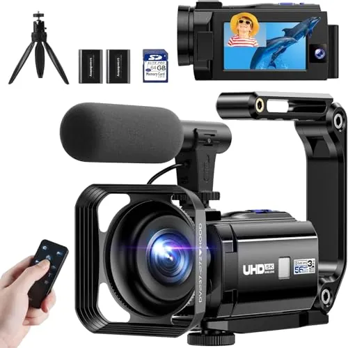 5K Cámara de Vídeo Videocámara 56MP WiFi Doble Lente Cámara Vlogging para Youtube con 16X Visión Nocturna Infrarroja, Pantalla Táctil 3" Camcorder con 2 Baterías, Tarjeta 64GB, Mando a Distancia