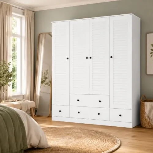 PREMTURE Gran armario blanco 150 x 50 x 180 cm de MDF, armario con 4 puertas, 5 cajones y barras para ropa, armario de dormitorio con tiradores negros para amplio espacio de almacenamiento