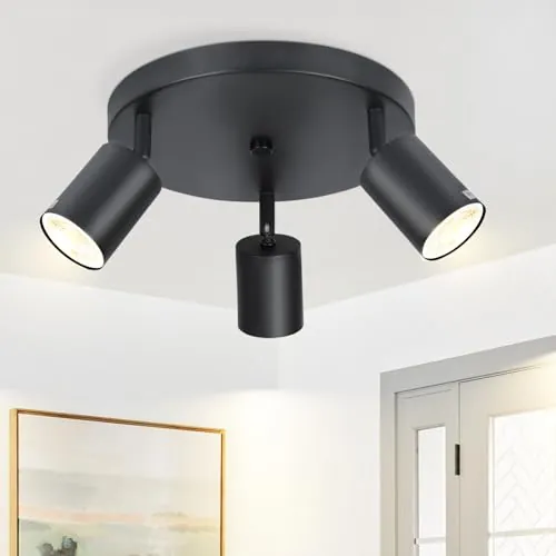 ZMH Lámpara de techo LED Foco de techo negro - Lámpara de techo 3 focos Focos de techo redondos Foco GU10 Lámpara de cocina de metal Foco giratorio de 350 ° para sala de estar Pasillo - Sin bombilla