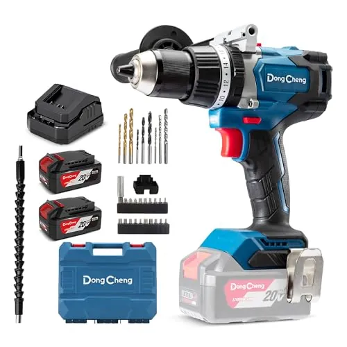 Dong Cheng Taladro percutor a batería 18V 120Nm, taladro atornillador batería con 2x 4,0Ah, 24+3 niveles de par, portabrocas de 13 mm, 2 velocidades, para taladrar, atornillar y perforar con percusión