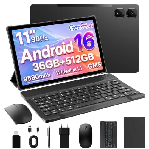 VELVDIVA Tablet 11 Pulgadas Android 16, 36GB RAM+512GB ROM (Ampliable 2TB), Octa-Core, 4G LTE + 5G WiFi, 2000 * 1200 INCELL,Widevine L1, GPS, Tableta con Teclado, Lápiz, Ratón y Funda/Negro