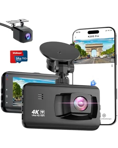 WeBeqer Dashcam 4K/1080P,WiFi Dash CAM Coche,Tarjeta 64GB,Visión Nocturna,G-Sensor,Grabación en Bucle,Asistente de Marcha atrás,170°+140°Gran Angular,IPS de 3 Pulgadas,Modo Parking 24H