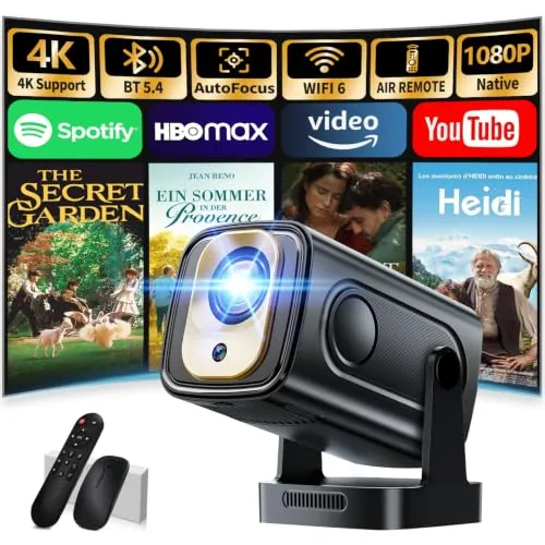 [App Integrada & 2026 Nuevo] Mini Proyector 4K 1080P FHD Proyector Portátil Vídeo con WiFi 6 y BT 5.4 Proyector Vídeo Función Enfoque Automático y Corrección Trapezoidal USB/HDMI/PC, Negro