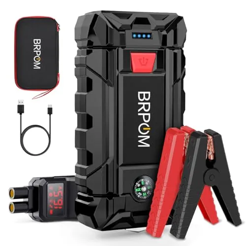 BRPOM Arrancador de Coches, 9000A 21800mAh Arrancador de Baterias de Coche 12V(para 8.0L de Gasolina o 6.5L de Diésel), Jump Starter Portátil, Carga Rápida QC3.0, Espera Larga