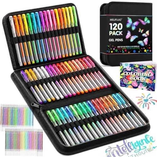 Melifluo 120 Bolígrafos de Colores de Gel con Purpurina, 60 Bolis Bonitos + 60 Recambios, Tinta Metálica, Neón y Pastel para Colorear, Mandalas y Manualidades — Papelería Ideal para Regalar