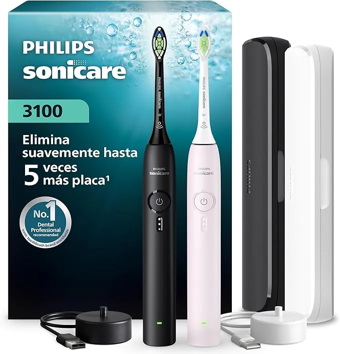Cepillo Philips Sonicare Serie 3100 - Cepillo dental sónico, sensor de presión, 3 intensidades, EasyStart, SmarTimer, autonomía 14 días, estuche, negro y rosa claro, pack doble, HX4072/42, [Nuevo]