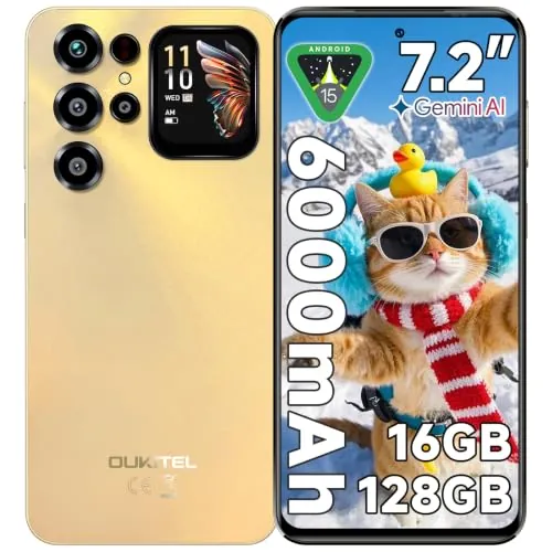 OUKITEL C68 Plus Teléfono Movil 7.2" HD+/1.81", 16GB(4+12)+128GB/1TB, GOL | Smartphone Android 15, Telefonos Moviles Libres 6000mAh Batería, Cámara 64MP, Movil 4G Dual SIM, NFC, Fingerprint, Face ID