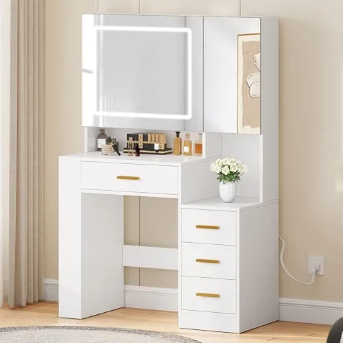 Tocador con iluminación,Cajones de Tela Tocador con cajones de Espejo Brillo Ajustable,Tocadores con Puertas, Mesa de Maquillaje con Estante para Joyas, estantes Ajustables, Color Madera