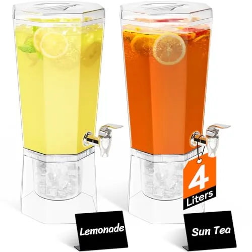 Lifewit 4L Dispensador de Bebidas Grande, Botella de Plástico con Grifo, Jarra Agua con Soporte para Cócteles, Jugos, Limonada y Té, Juego de 2 (en 1 Paquete)