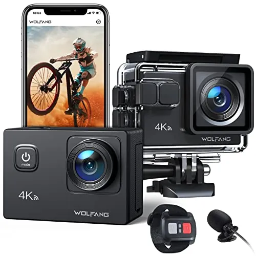 WOLFANG Cámara Deportiva GA100 4K 30FPS, 20MP Cámara Subacuática Impermeable 40M, Videocámara WiFi con Micrófono Dual, 170° Gran Angular, EIS Antivibración, Varios Accesorios