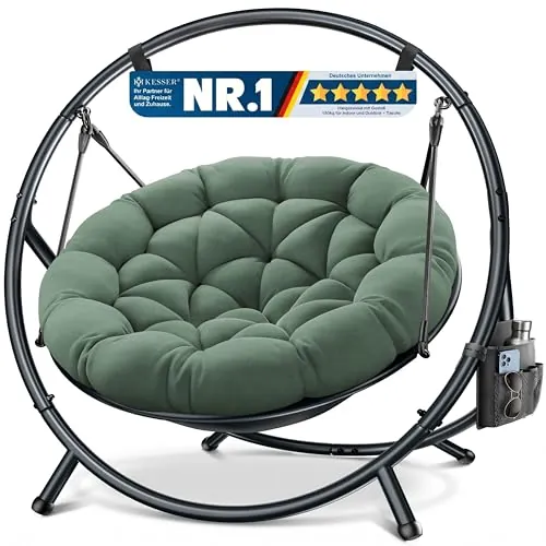 KESSER Silla colgante con estructura Bali, columpio colgante de hasta 150 kg, para interior y exterior, cojín y bolsillo lateral, cesta colgante, estructura de acero y cojín de espuma, ideal para