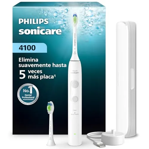 Cepillo Philips Sonicare Serie 4100 - Cepillo dental sónico con sensor de presión, 4 ajustes de cepillado, EasyStart, SmarTimer, autonomía de 21 días, estuche, blanco, HX4044/41, [Nuevo]