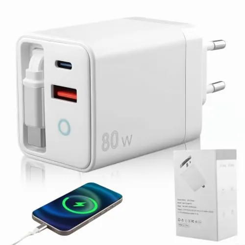 Cargador USB C 80W G aN con Cable Retráctil 65cm con Anillo Luminoso