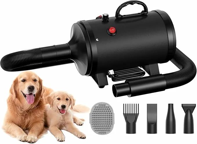 Secador de pelo para perros Blower muy silencioso 4,5 CV / 3200 W motor de velocidad ajustable, para el cuidado de perros con 4 boquillas diferentes manguera elástica y cepillo de cuidado
