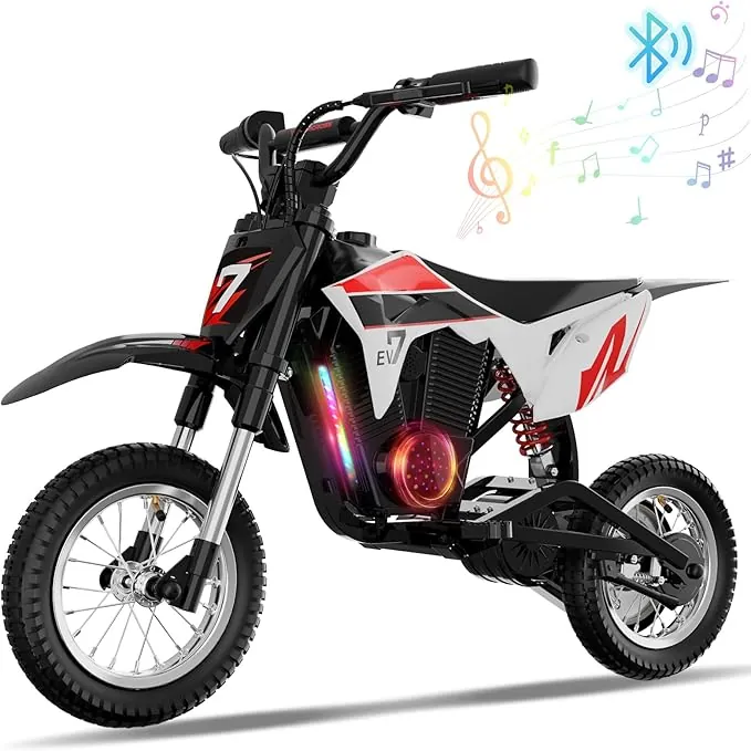 EVERCROSS EV12M Pro Moto Cross Eléctrica, Motocicleta Eléctrica con Motor de 300W, 18KM de Largo Alcance, Neumático de 12'', Música Bluetooth, Luces de Colores, Mini Moto para Altura de 110cm o más