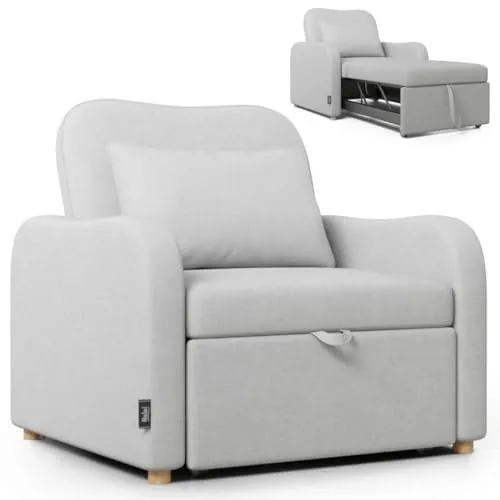 Nalui- Sillon Cama Buddy 92x97x90cm con Respaldo Ajustable 2 Posiciones y Almohada. Sofá Cama 1 Plaza 3 en 1 de Lino, Soporta hasta 200Kg. Sofá Cama Individual con Reposabrazos, Gris Claro